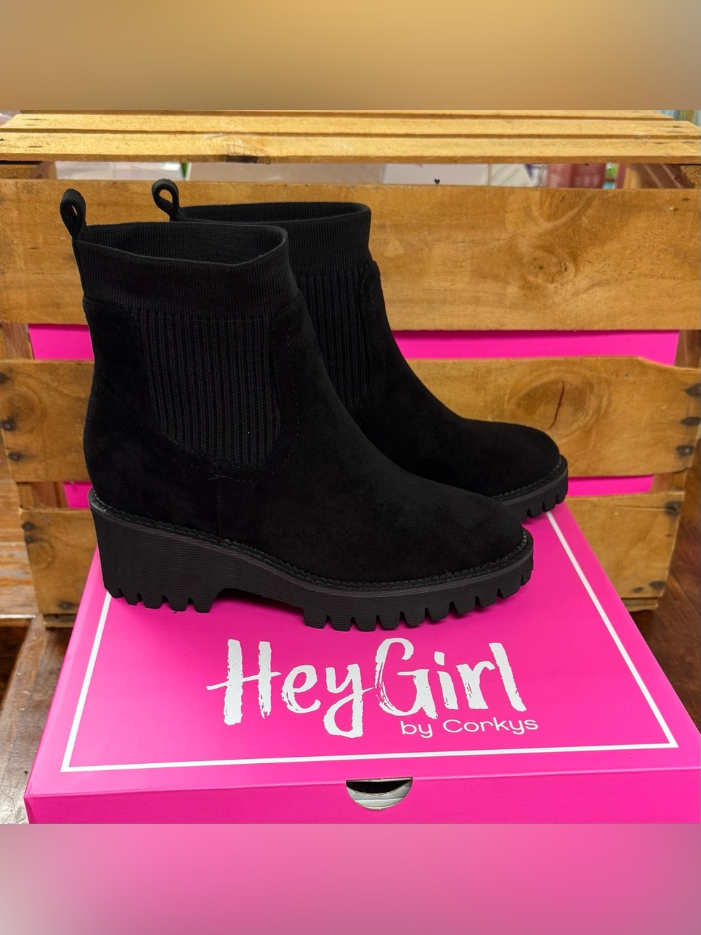 Black Wedge Ankle Boots by Corkys - Trail Mix